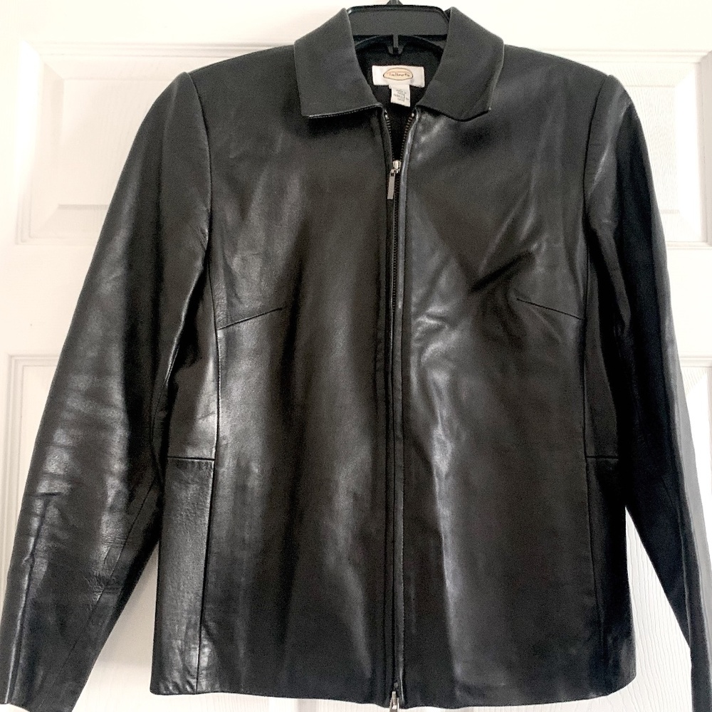 Talbots sz 4 black soft leather jacket silver zipper 2 slash side pockets